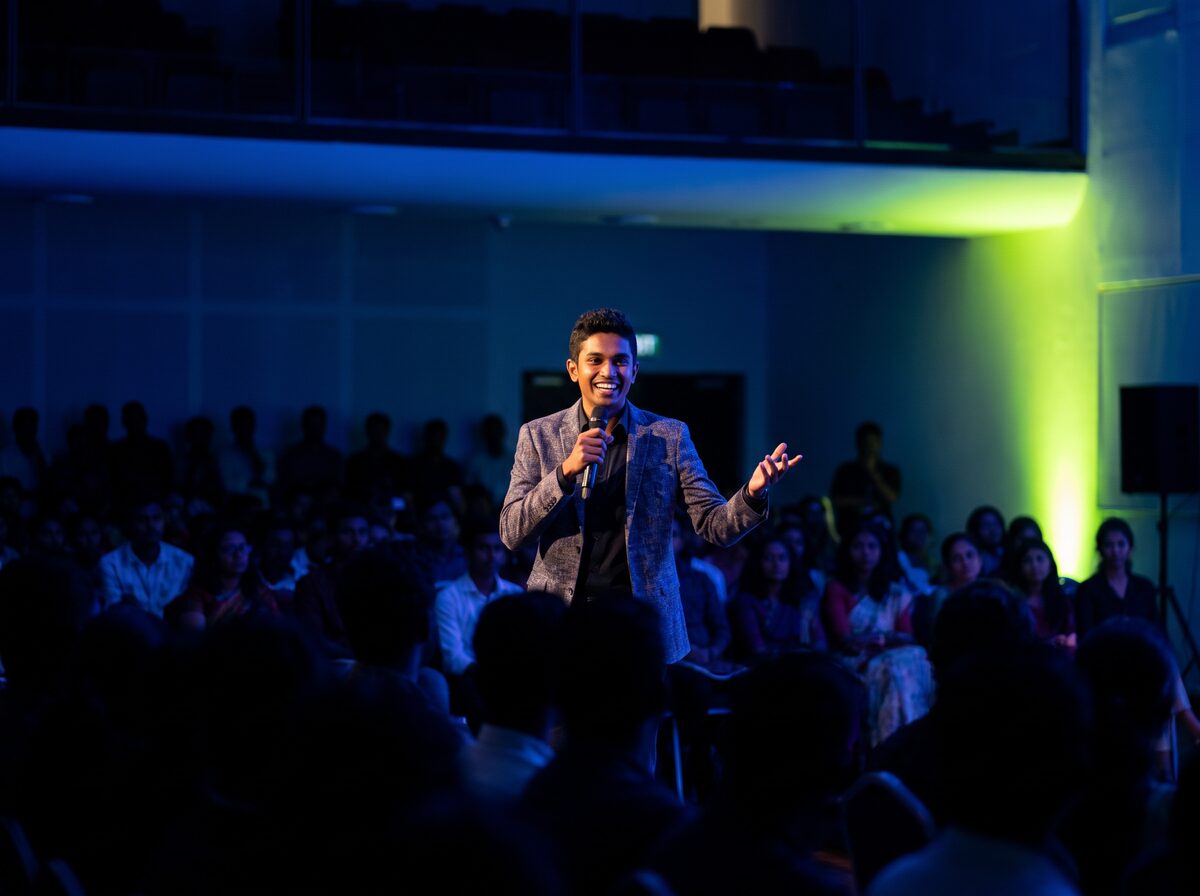 Student speaking on stage